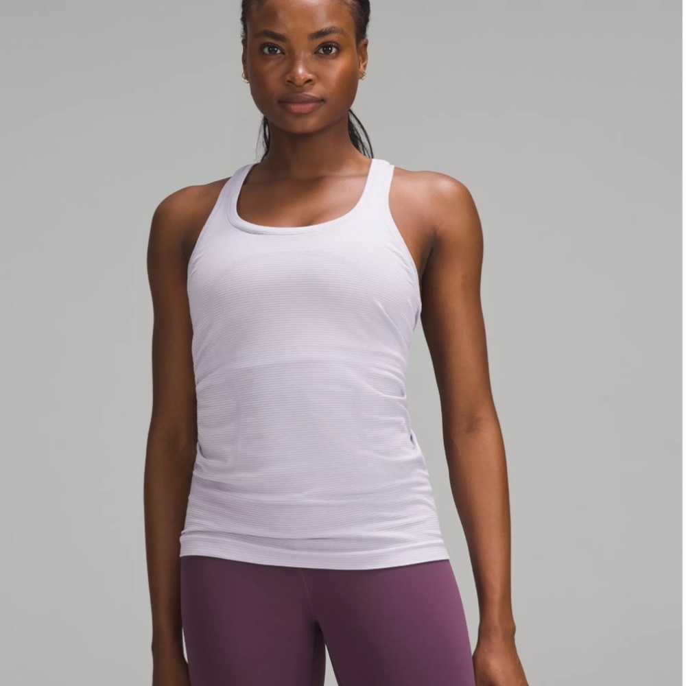 Swiftly Tech Racerback Tank Top 2. Spandex Stripe Lilac Ether/White